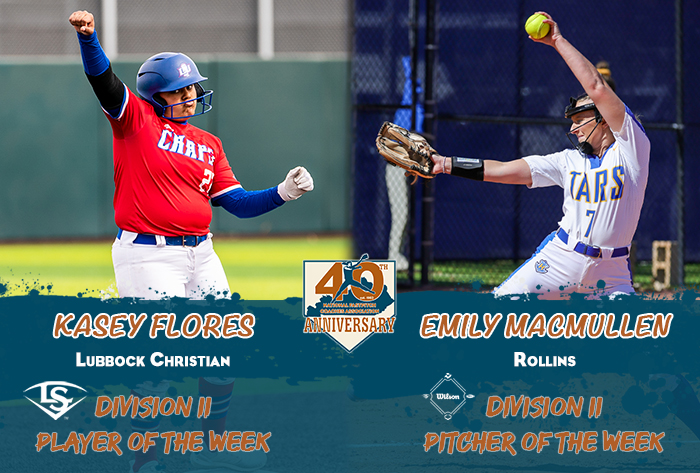 Louisville slugger/NFCA Player of the Week, Wilson/NFCA Pitcher of the Week, NFCA, NFCA D2 Player of the Week, NFCA D2 Pitcher of the Week, Wilson Sporting Goods, Louisville Slugger, Emily MacMullen, Rollins, Rollins Softball, Kasey Flores, LCU softball, Lubbock Christian, Lubbock Christian softball