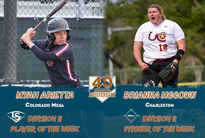Louisville slugger/NFCA Player of the Week, Wilson/NFCA Pitcher of the Week, NFCA, NFCA D2 Player of the Week, NFCA D2 Pitcher of the Week, Wilson Sporting Goods, Louisville Slugger, Myah Arrieta, Brianna McCown