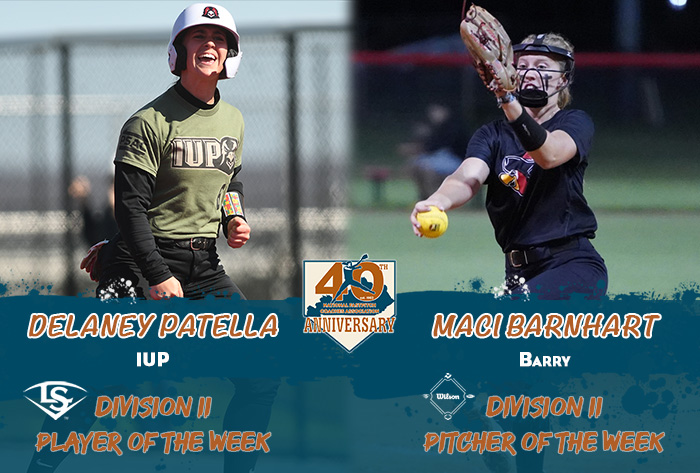 Louisville slugger/NFCA Player of the Week, Wilson/NFCA Pitcher of the Week, NFCA, NFCA D2 Player of the Week, NFCA D2 Pitcher of the Week, Wilson Sporting Goods, Louisville Slugger, Delaney Patella, Maci Barnhart, IUP, IUP Softball, Barry, Barry softball