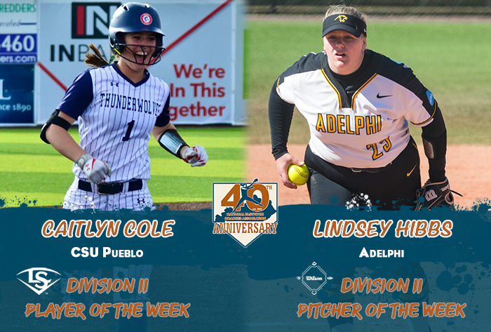 Louisville slugger/NFCA Player of the Week, Wilson/NFCA Pitcher of the Week, NFCA, NFCA D2 Player of the Week, NFCA D2 Pitcher of the Week, Wilson Sporting Goods, Louisville Slugger, Lindsey Hibbs, Adelphi, Adelphi softball, Caitlyn Cole, CSU Pueblo, CSU Pueblo softball