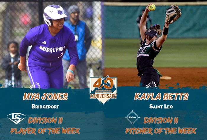 Louisville slugger/NFCA Player of the Week, Wilson/NFCA Pitcher of the Week, NFCA, NFCA D2 Player of the Week, NFCA D2 Pitcher of the Week, Wilson Sporting Goods, Louisville Slugger, Mya Jones, University of Bridgeport, UB softball, Bridgeport softball, Kayla Bett, Saint Leo, Saint Leo softball