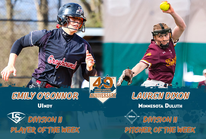 Louisville slugger/NFCA Player of the Week, Wilson/NFCA Pitcher of the Week, NFCA, NFCA D2 Player of the Week, NFCA D2 Pitcher of the Week, Wilson Sporting Goods, Louisville Slugger, Emily O'Connor, Lauren Dixon, UMD softball, UIndy softbal, Minnesota Duluth, uindy