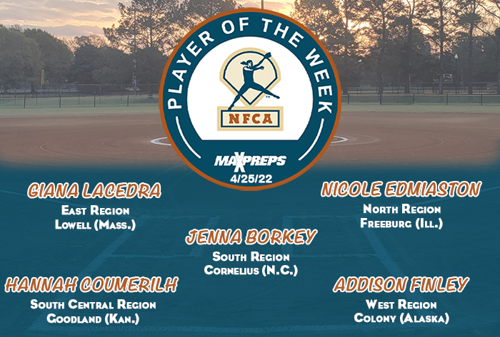 maxpreps/nfca high school player of the week, nfca high school player of the week, nfca, maxpreps, maxpreps softball player of the week, Giana Lacedra, Nicole Edmiaston, Jenna Borkey, Hannah Coumerilh, Addison Finley 