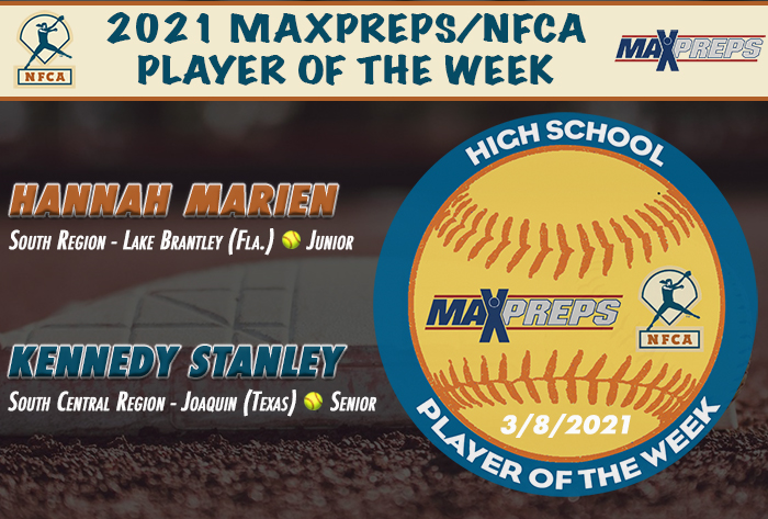 nfca high school player of the week, maxpreps, nfca, maxpreps/nfca high school player of the week, Hannah Marien, Kennedy Stanley, Joaquin High school, lake Brantley high school
