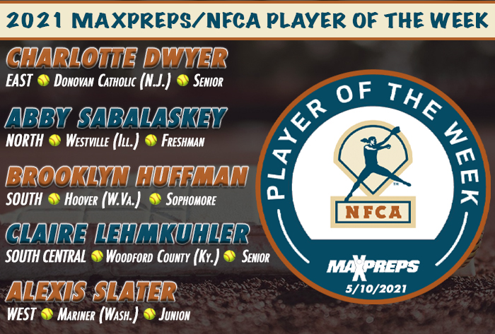 nfca, nfca high school player of the week, maxpreps/nfca high school player of the week, maxpreps, max preps, nfca softball, softball, Fastpitch, prep softball, nfca awards, Abby sabalaskey, Claire lehmkuhler, Woodford County High School, Westville High School, Donovan Catholic High School, Charlotte Dwyer, Brooklyn Huffman, Hoover High School, mariner high school, Alexis Slater, high school softball, prep softball, maxpreps softball,
