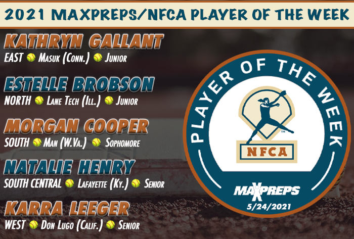 nfca, nfca high school player of the week, maxpreps, maxpreps/nfca high school player of the week, nfca/high school player of the week, Kathryn Gallant, Estelle Bronson, Morgan Cooper, Natalie Henry, Kara leeger, high school softball player of the Week