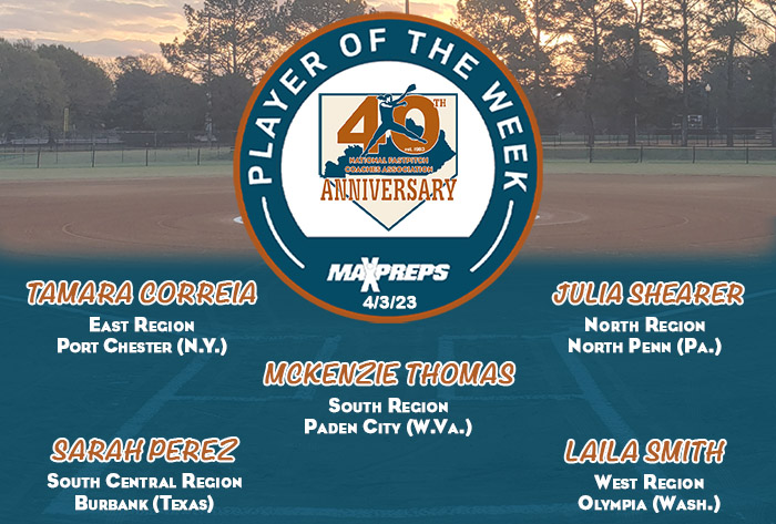 MaxPreps / NFCA National High School Player of the Week, MaxPreps / NFCA High School Player of the Week, Tamara Correia, Julia Shearer, Mckenzie Thomas, Sarah Perez, Laila Smith
